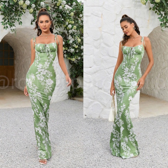 Floral Print White on Green Long Dress Sheath, Drawstring Ties Maxi Stretchy - Picture 2 of 16